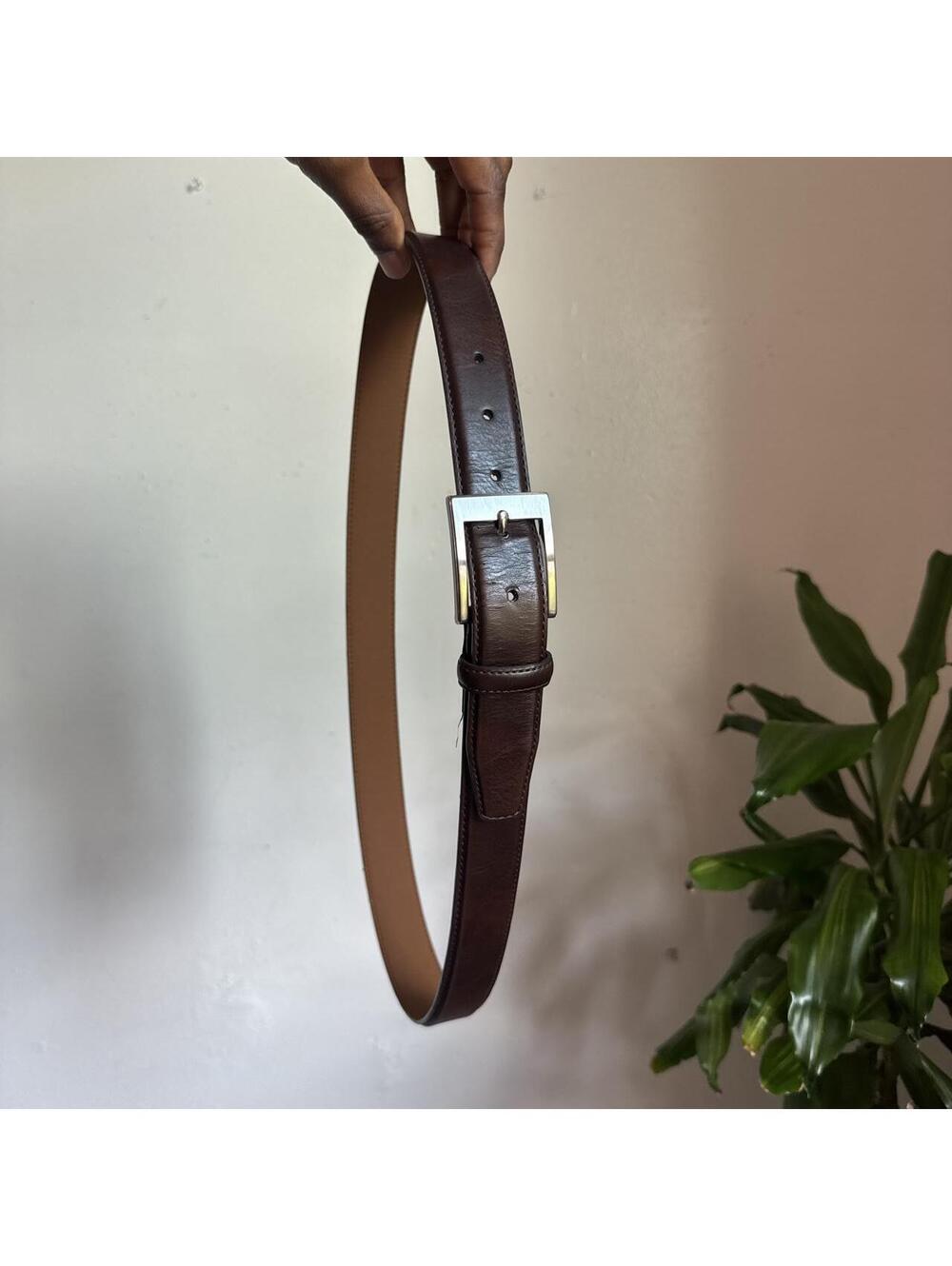 Minimalist Brown genuine Leather Belt Silver Buckle Size 36/90
